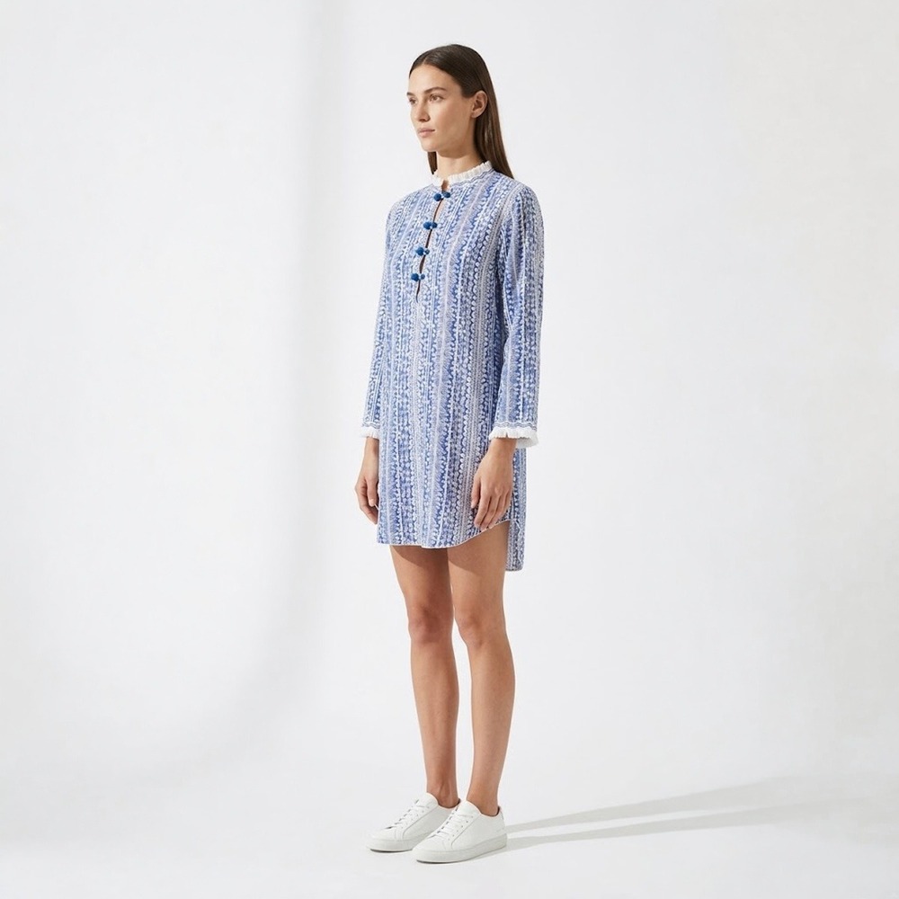 Poupette St Barth High Low Resort Boho Long Sleeve Mini Dress Blue White Women S